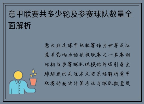 意甲联赛共多少轮及参赛球队数量全面解析