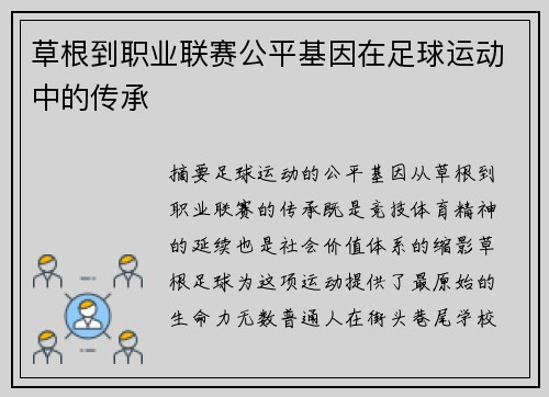 草根到职业联赛公平基因在足球运动中的传承