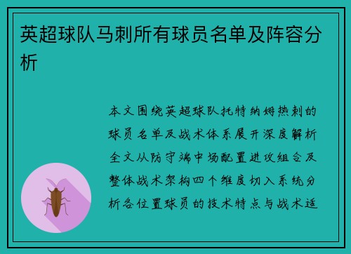 英超球队马刺所有球员名单及阵容分析